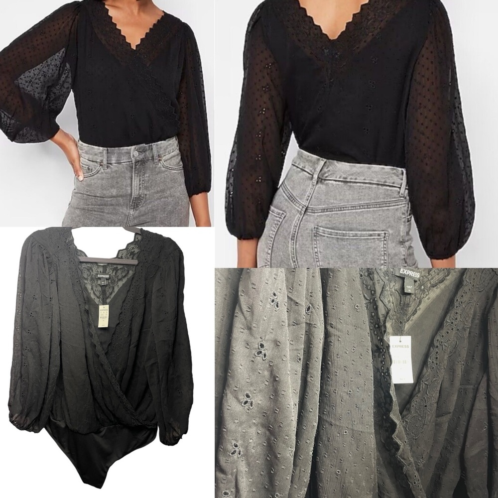 Express “Black Eyelet Trim Faux Wrap Thong Bodysuit”